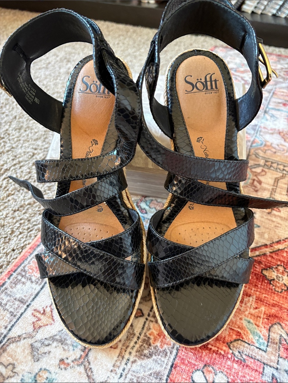 Söfft Black Textured Strappy Wedge Sandals